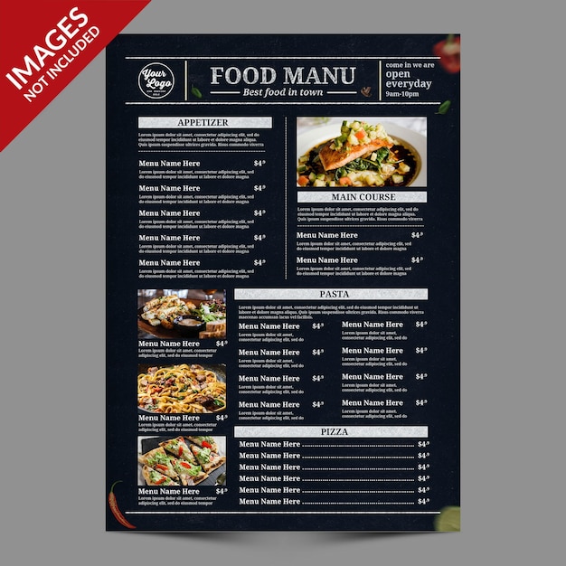 Menu de nourriture et de boissons vintage sombre, idéal pour la promotion du restaurant Modèle PSD Premium