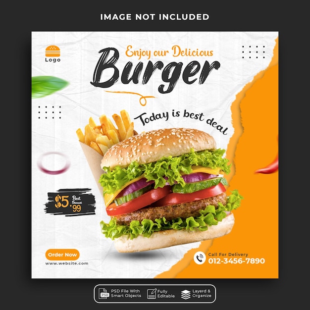 Menu De Nourriture Et Conception De Bannière De Publication De Médias Sociaux De Hamburger De Restaurant