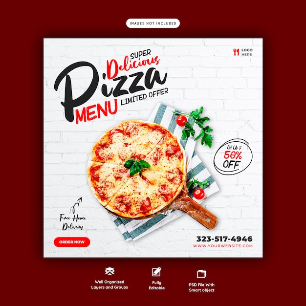 Menu De Nourriture Et Modèle De Bannière De Médias Sociaux De Délicieuses Pizzas