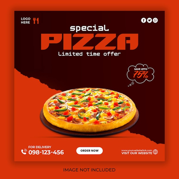 Menú de pizza delicioso promoción en las redes sociales y plantilla de diseño de post de banner de Instagram