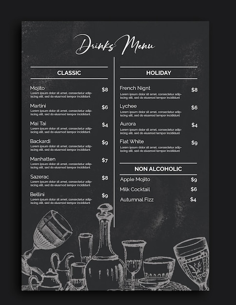 PSD un menu pour le menu du din avec un fond de tableau.