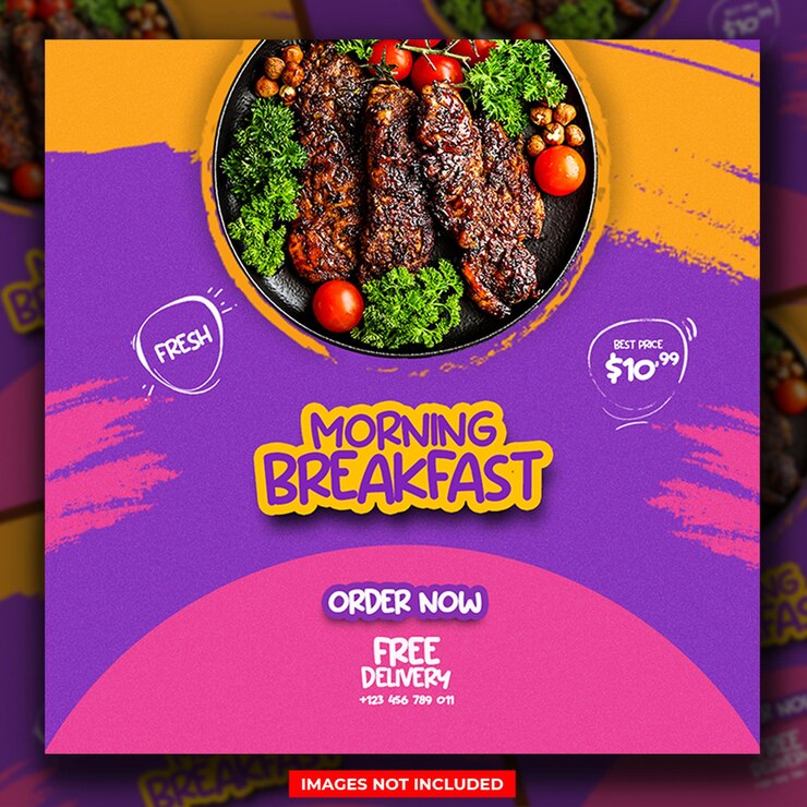 PSD menú de psd morning breakfast food y restaurante con fondo colorido publicación en redes sociales