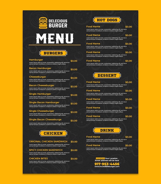 Menu PSD pour un restaurant