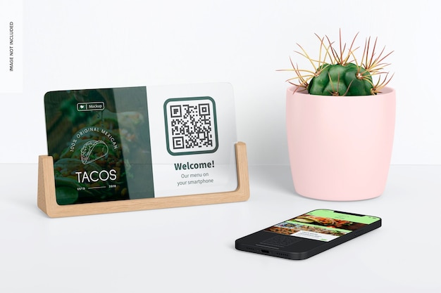 PSD menu qr acrylique avec maquette de pot de plante