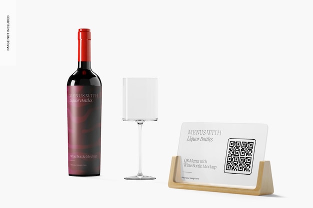 Menú qr con maqueta de botella de vino, vista derecha