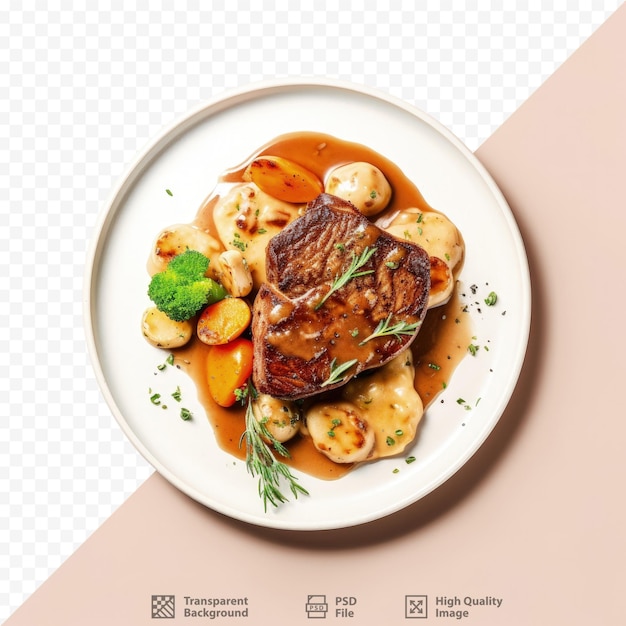 PSD menu de restaurant gastronomique proposant de la viande tendre dans une sauce et des légumes isolés sur un fond transparent
