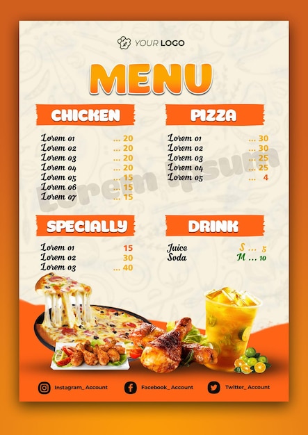 PSD menu de restaurant vertical numérique délicieux psd