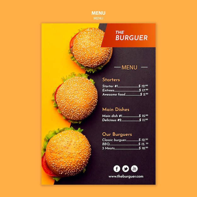 Menú de restaurante de hamburguesas deliciosas