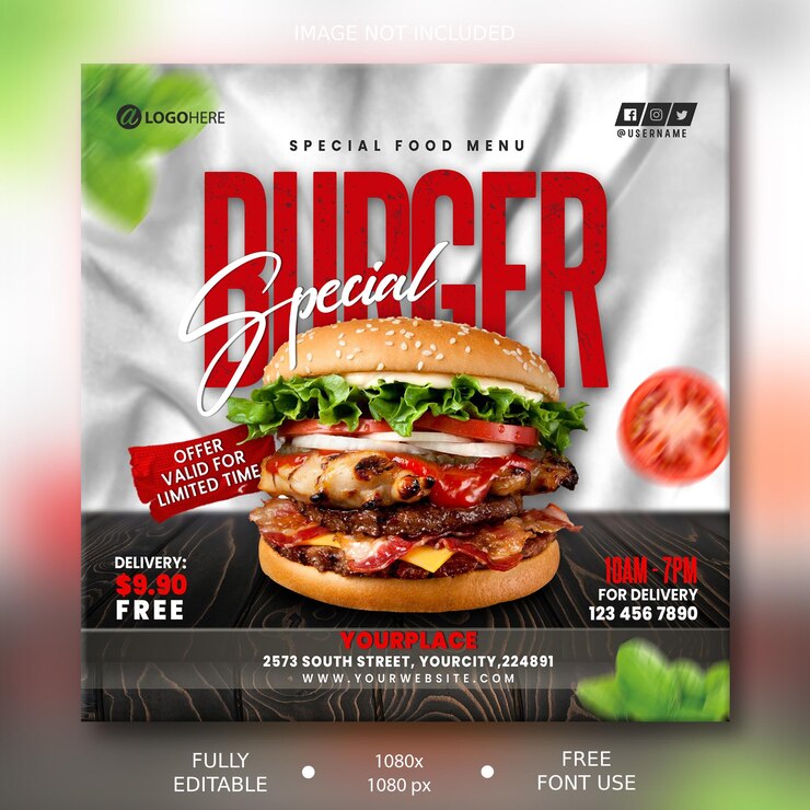 Un menú para un restaurante de hamburguesas con una imagen de una hamburguesa en él.