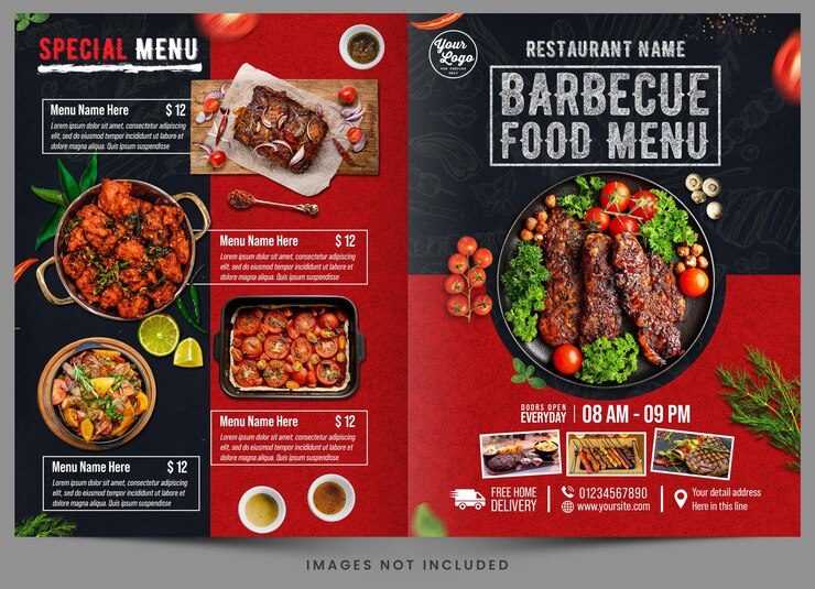 PSD un menú de restaurante que está abierto en una página que dice "menú de comida de barbacoa".