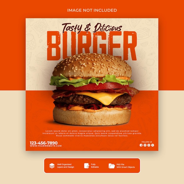 PSD menu de restauration rapide de hamburgers savoureux conception de modèle de message sur les médias sociaux pour les restaurants