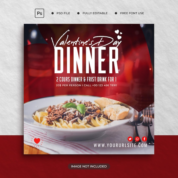 Menu De La Saint-valentin Et Modèle De Bannière De Publication Sur Les Médias Sociaux Du Restaurant