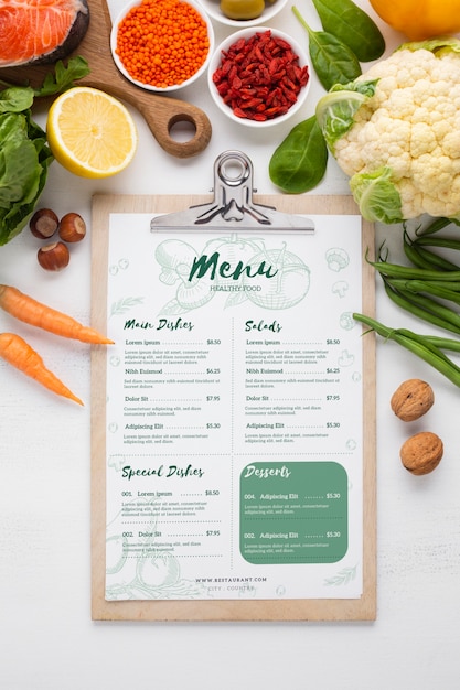 Menu saudável da dieta cercado por vegetais