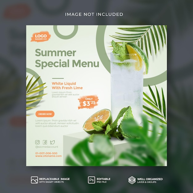 Menu Spécial De Boissons Au Citron Vert Frais D'été Avec Modèle Psd De Publication Sur Les Médias Sociaux De Promotion Du Podium Instagram