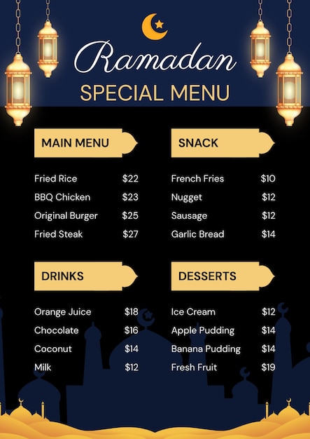 PSD menu spécial du ramadan après la carte de menu