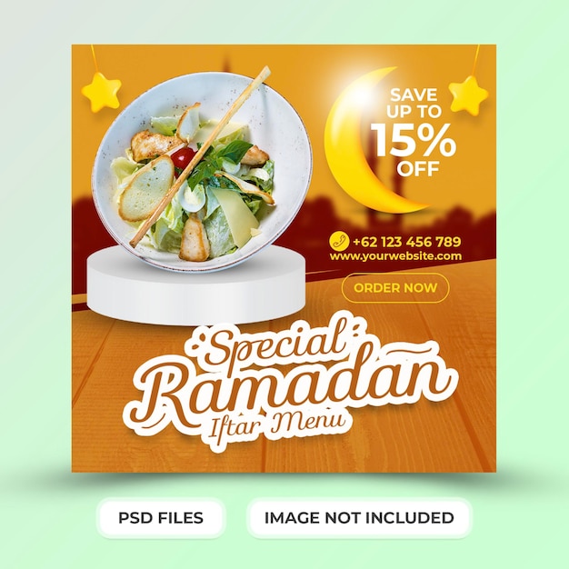 Menu Spécial Iftar Ramadan Modèle De Publication Sur Les Médias Sociaux Avec Icône 3d étoile Et Lune Psd Premium