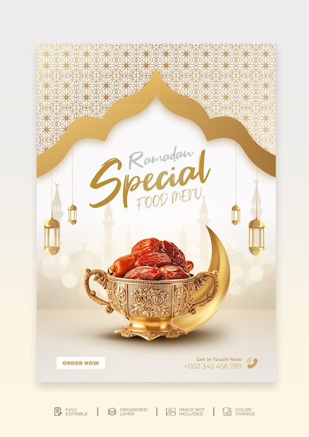 PSD menu spécial ramadan avec un design arabe doré.