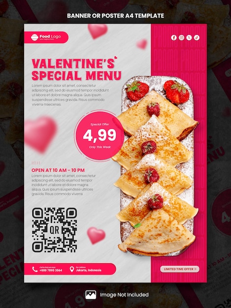PSD menu spécial valentines promo poster a4 ou modèle de bannière