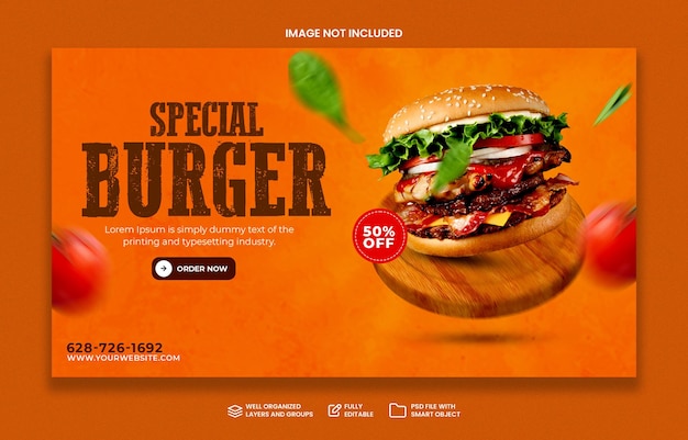 Menu speciale dell'hamburger di concetto creativo sul modello dell'insegna di media sociali di promozione di legno