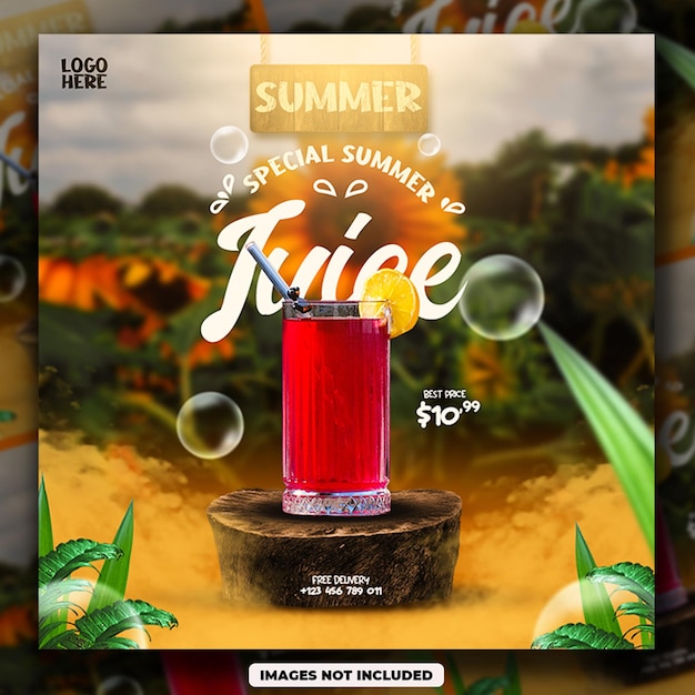 PSD menú de summer fresh juicefood y restaurante redes sociales instagram banner de plantilla de publicación cuadrada con fondo de girasol