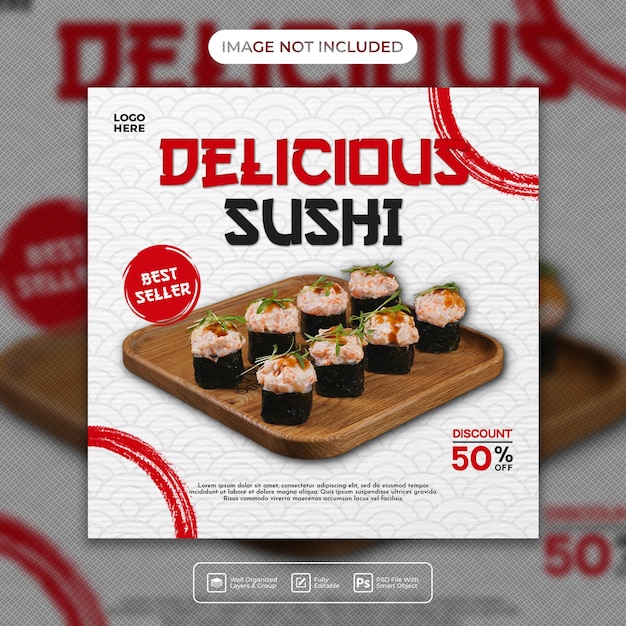 Menú de sushi delicioso de Psd publicación en las redes sociales o plantilla de banner de volante cuadrado