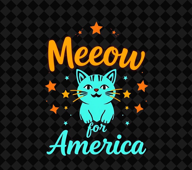 PSD meow radiante para a américa texto em neon tangerine e deep teal mostrando um gato radiante e brilhante