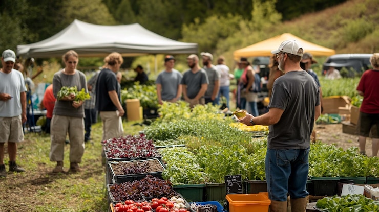 PSD mercado de agricultores al aire libre lleno de gente mirando productos frescos y plantas bajo tiendas de campaña