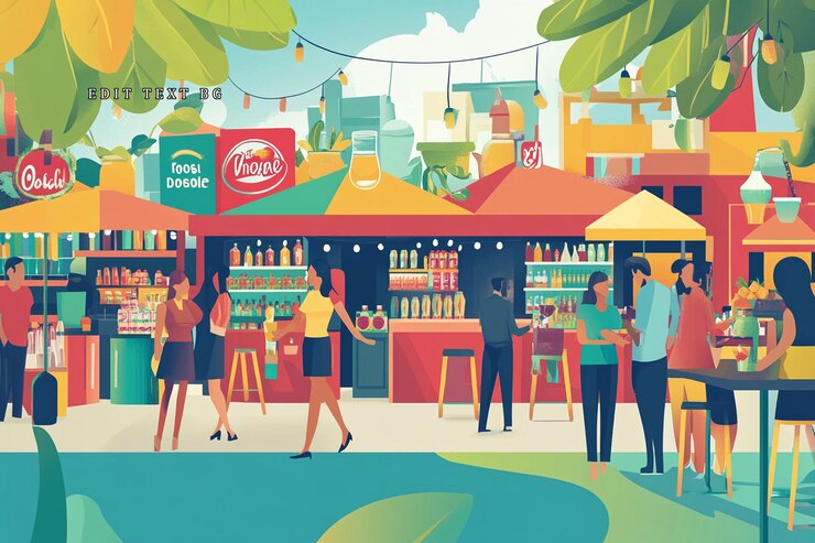 PSD mercado al aire libre ocupado con personas diversas que compran y disfrutan de bebidas y comida