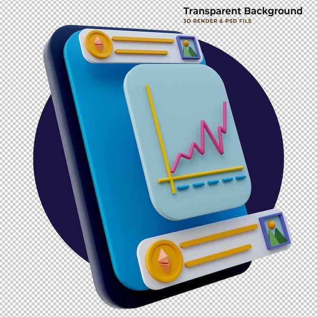 PSD mercado de troca de criptomoedas 3d. mineração de dinheiro digital, tela do smartphone com gráfico de negociação