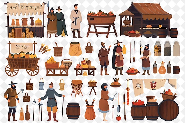 PSD mercado medieval con personajes mercantes que tienen una feria comercial gente estilo de vida ilustración plana
