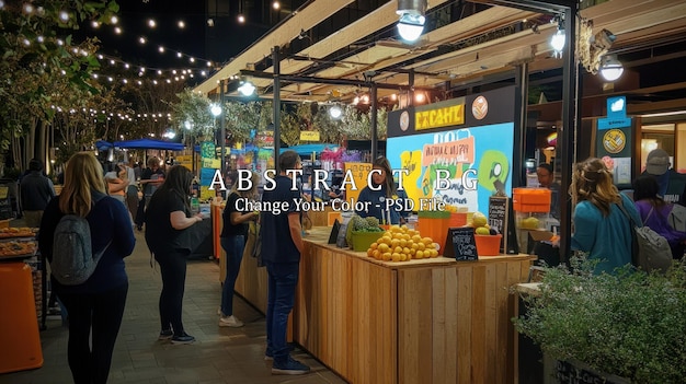 Un mercado nocturno con una variedad de puestos de comida y vendedores La gente navega y compra en los puestos disfrutando de la atmósfera