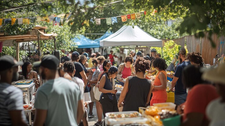PSD mercado urbano al aire libre ocupado con diversos puestos de multitud y comida