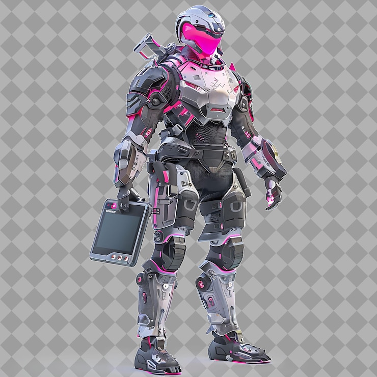 PSD mercenario de cyberpunk de edad media con ilustración de personajes aislados en 3d de neón de forma robusta