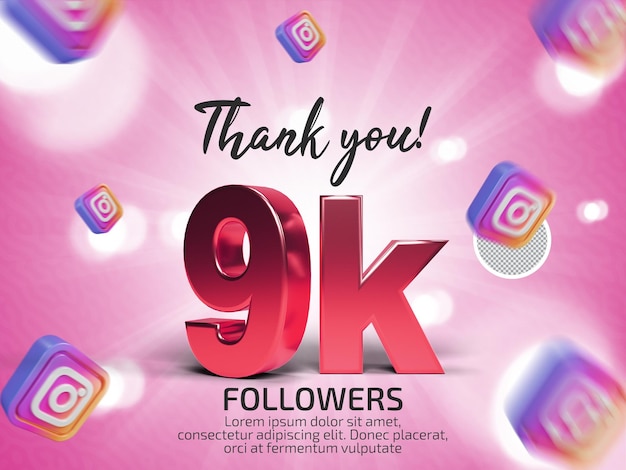 PSD merci 9k followers dans instagram psd 3d rendu texte avec texte modifiable