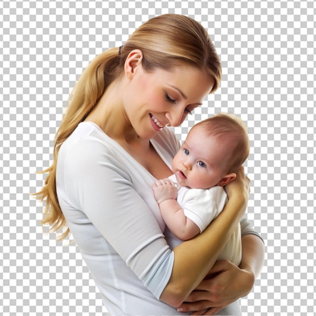 PSD mère portant un bébé à l'arrière-plan transparent
