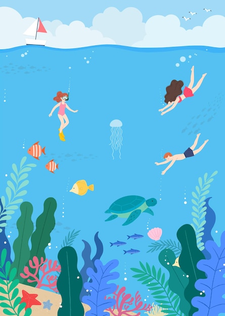mergulhadores e vida marinha no mar