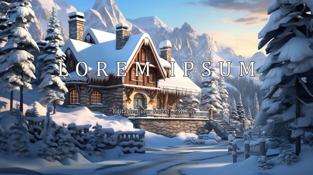 PSD mergulhe no encantamento do inverno com esta deslumbrante ilustração 3d com um exquisito chalé de inverno aninhado num paraíso beijado pela neve