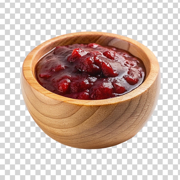 PSD mermelada roja en cuenco de madera aislado sobre un fondo transparente