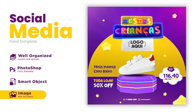 Mês das Crianças Postar Mídia Social em render 3d para campanha de marketing no Brasil em português
