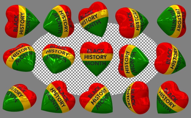 Mes de la Historia Negra 3D Forma de corazón aislada Diferentes posiciones Renderizado en 3D