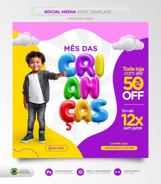 PSD el mes del niño ofrece publicaciones en redes sociales en portugués brasileño para campaña de marketing