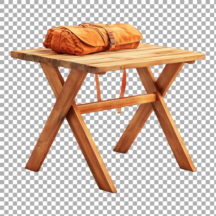 PSD mesa de acampada de madera de png con bolsa contra un fondo transparente