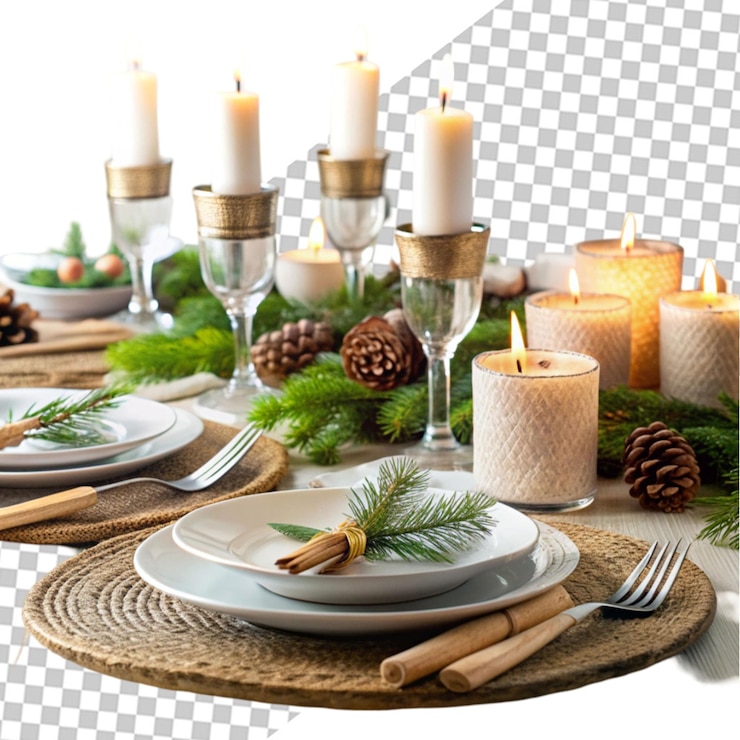 PSD una mesa con un árbol de navidad y una vela al fondo.