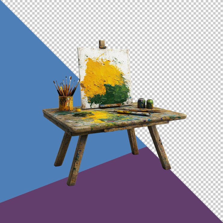 PSD mesa de artistas con caballete y suministros de pintura al óleo