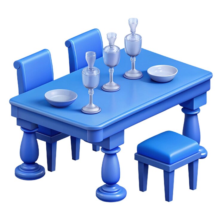 PSD una mesa azul con tres sillas y un plato en ella