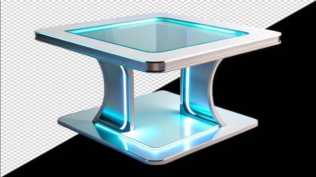 una mesa con una base azul y una base plateada