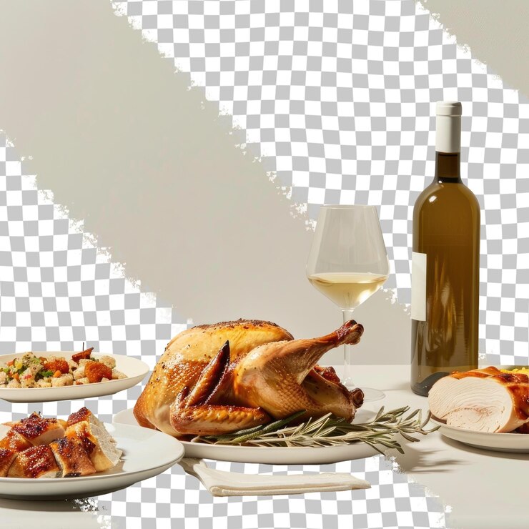 PSD una mesa con una botella de vino y un pavo y una botella de vino