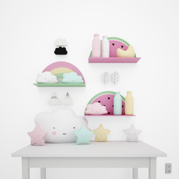 Mesa branca decorada com objetos infantis, nuvens kawaii e estrelas