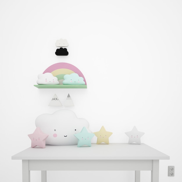 Mesa branca decorada com objetos infantis, nuvens kawaii e estrelas
