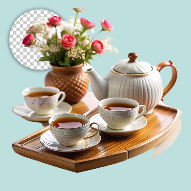 Mesa de café con jarrón de flores y pila de libros sobre un fondo transparente